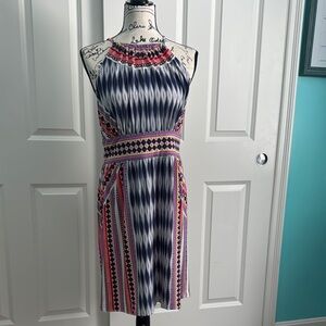 London Times Blue and White Halter Sheath Midi Dress